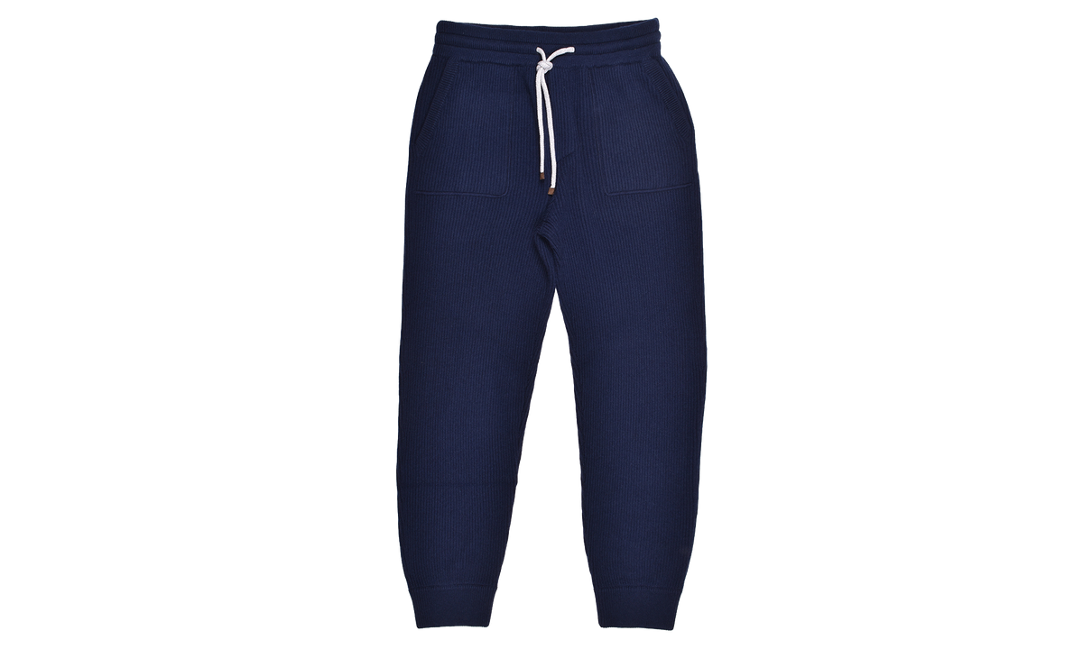BRUNELLO CUCINELLI 100% Cashmere Ribbed Fashion Knit Travel Drawstring Sweatpants "Navy" BRUN528
