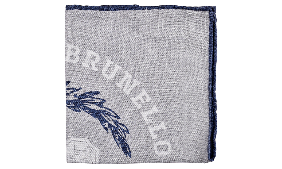 BRUNELLO CUCINELLI Monogram Emblem Pocket Square "Grey / Navy" BRUN028