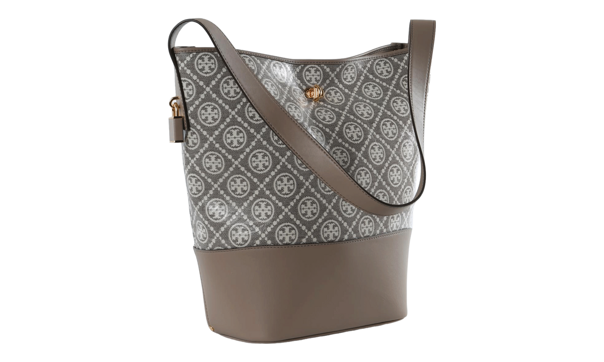 Tory Burch T Monogram Coated Jacquard Lock Slim Bucket Bag "Charcoal" 182860 200