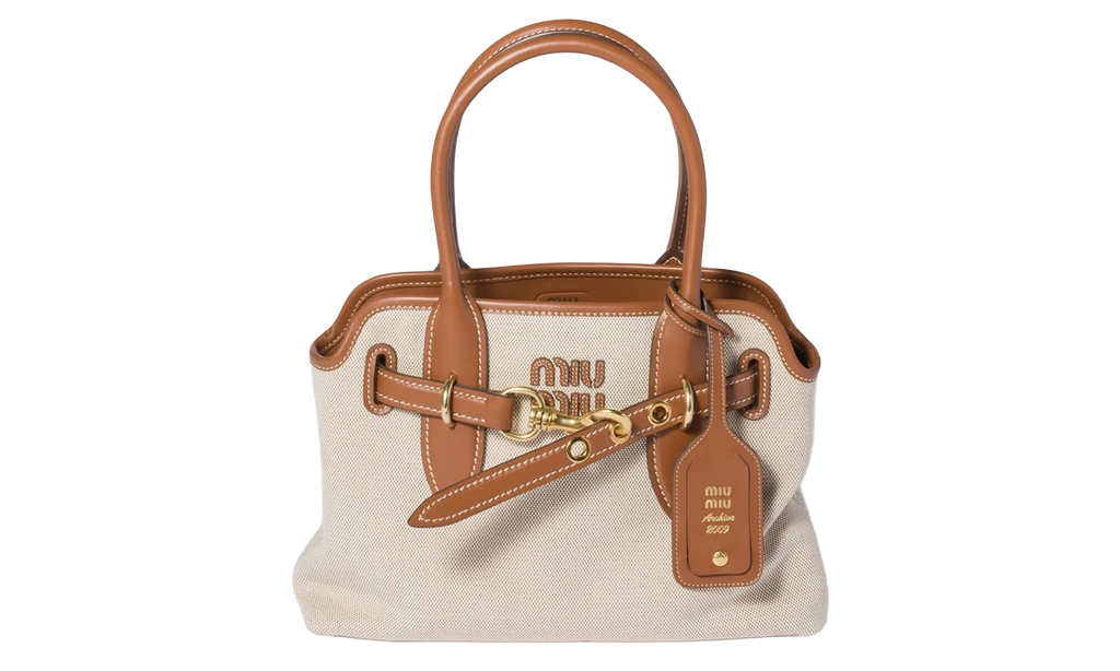 Miu Miu Aventure Canvas Leather Bag "Beige / Brandy" 5BA292 ACRN F062F
