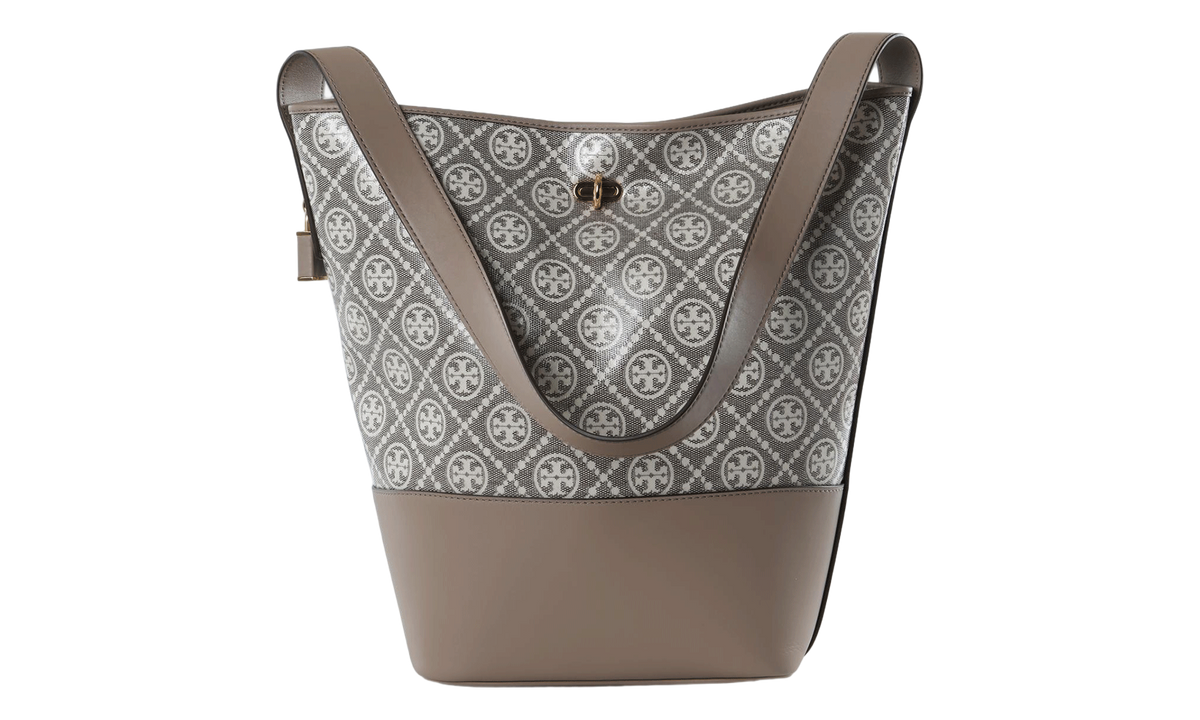 Tory Burch T Monogram Coated Jacquard Lock Slim Bucket Bag "Charcoal" 182860 200