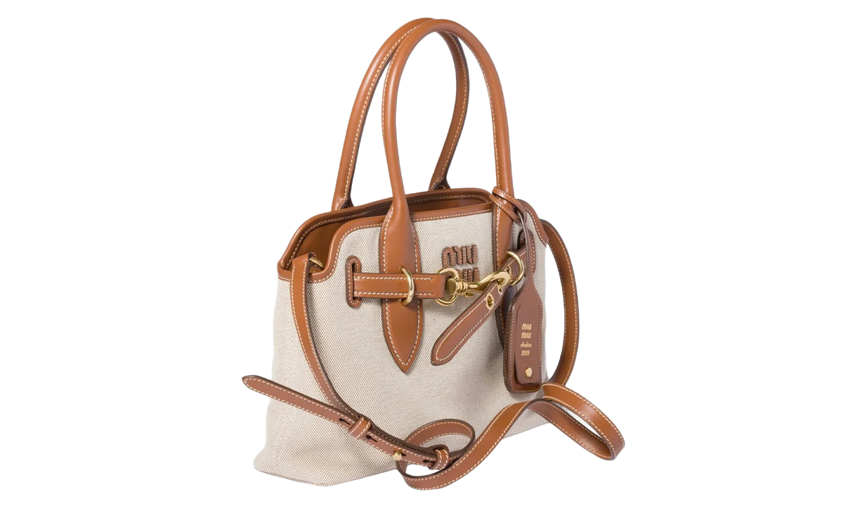 Miu Miu Aventure Canvas Leather Bag "Beige / Brandy" 5BA292 ACRN F062F