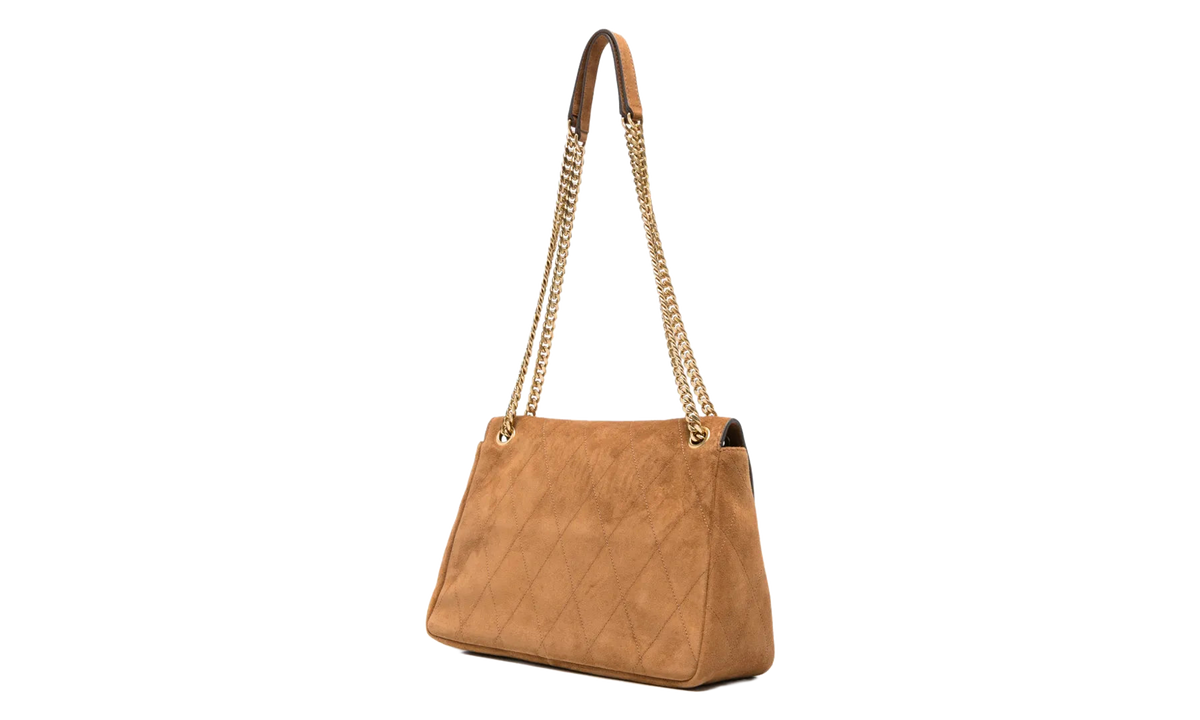 Tory Burch Charlie Quilted Suede Shoulder Bag "Caramel" 183357 200