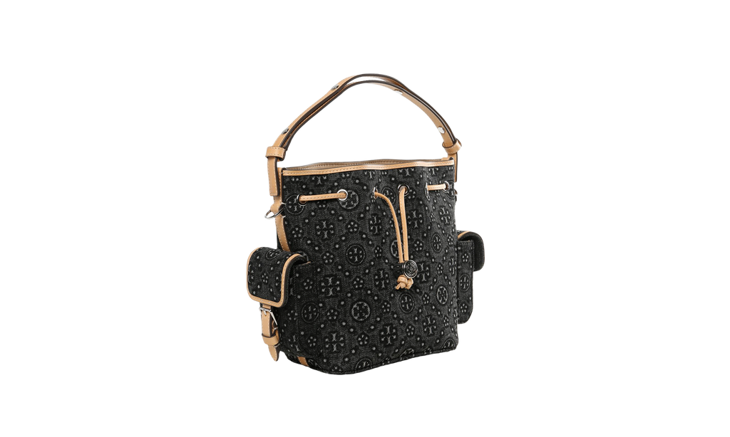 Tory Burch Pockets T Monogram Denim Bucket Bag "Black" 181531 001
