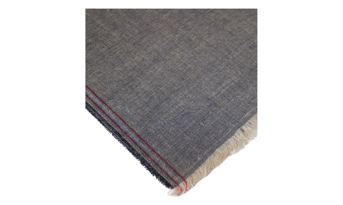 Brunello Cucinelli Textured Herringbone Pattern With Striped Edging Linen-Silk Scarf "Medium Grey" BRUN1153