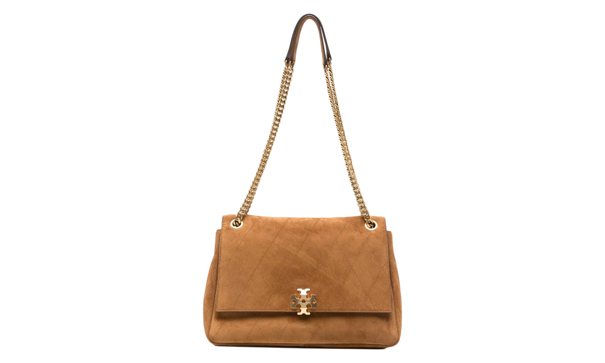 Tory Burch Charlie Quilted Suede Shoulder Bag "Caramel" 183357 200