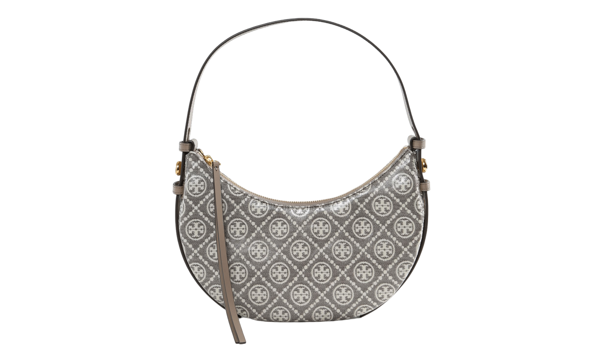 Tory Burch Romy T Monogram Coated Jacquard Half Moon Bag "Charcoal" 182912 200