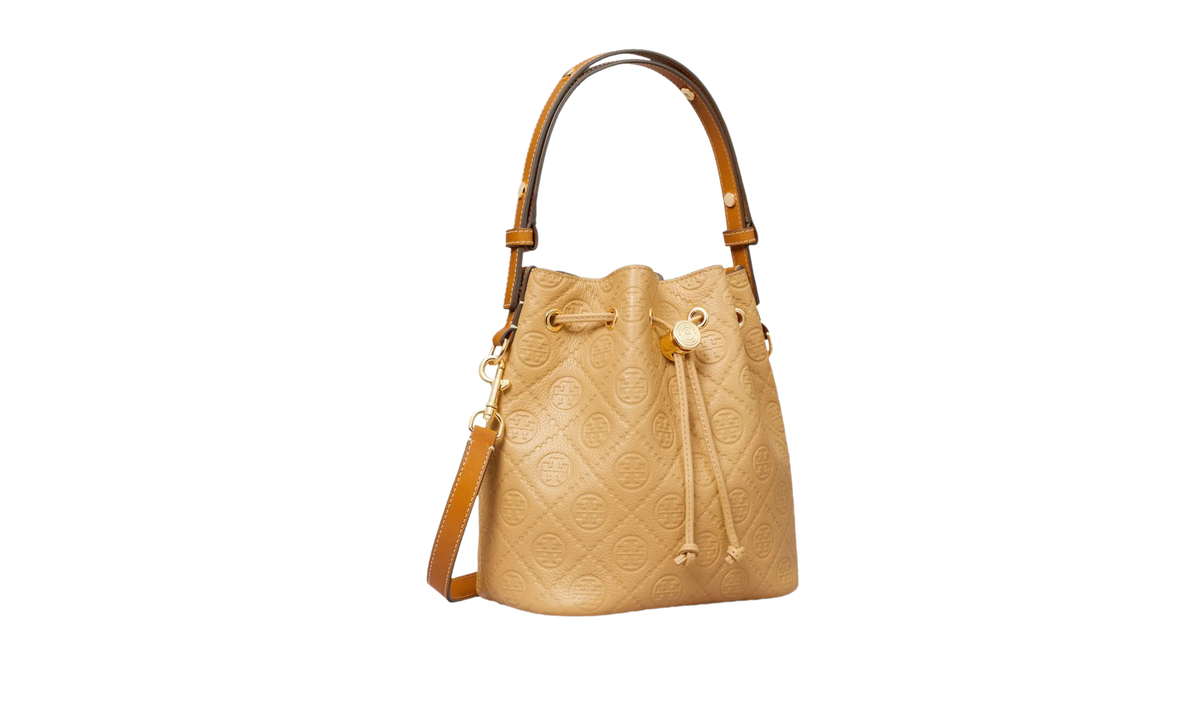 Tory Burch T Monogram Pebble Bucket Bag "Biscotti" 169251 250