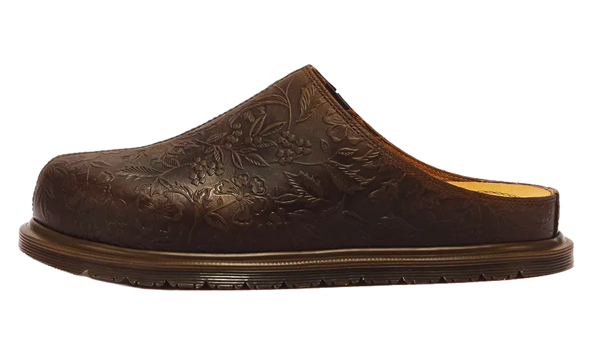 DR MARTENS San Floral Emboss Crazy Horse Leather Mules "Dark Brown" 43606200