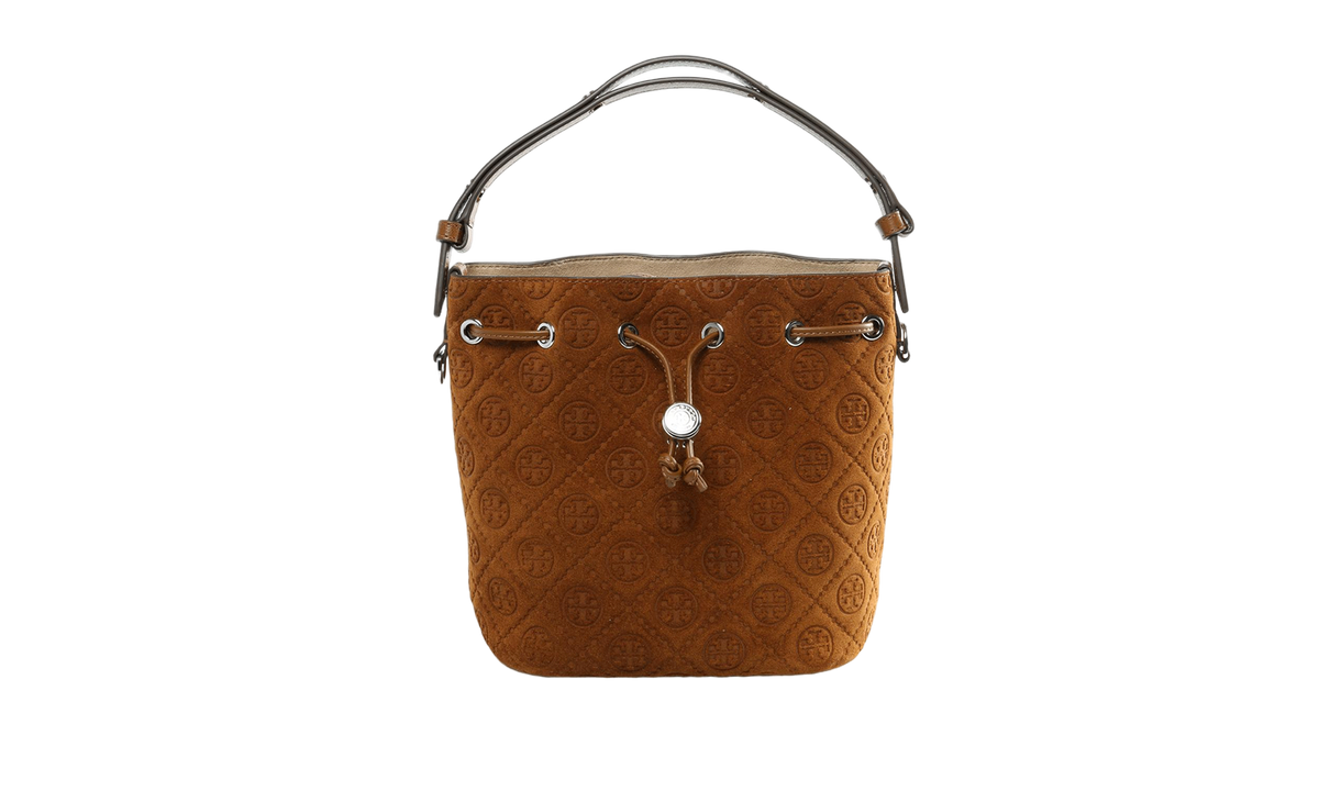 Tory Burch T Monogram Suede Bucket Bag "Chicory Brown" 178210 200