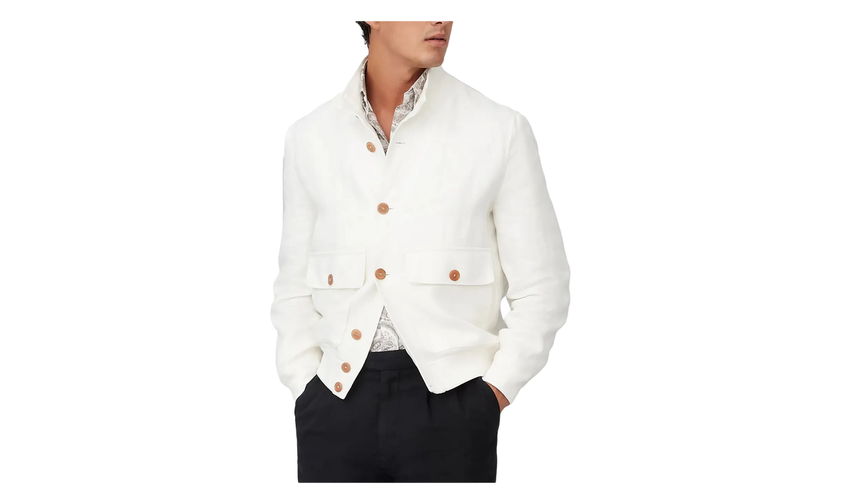 BRUNELLO CUCINELLI Linen-Silk Blend Twill Bomber Jacket "White" BRUN1043