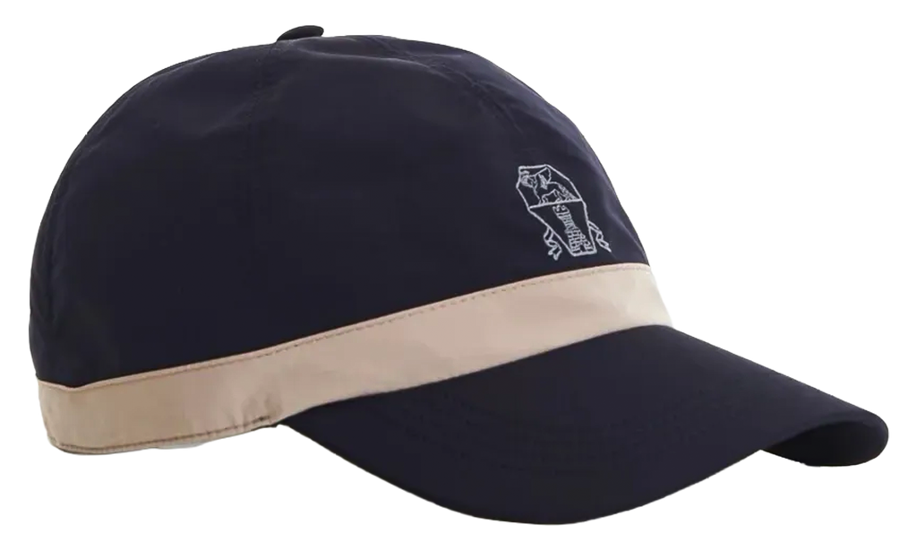 BRUNELLO CUCINELLI Microfiber Embroidered Crest Logo Baseball Cap "Navy and Beige" BRUN1146
