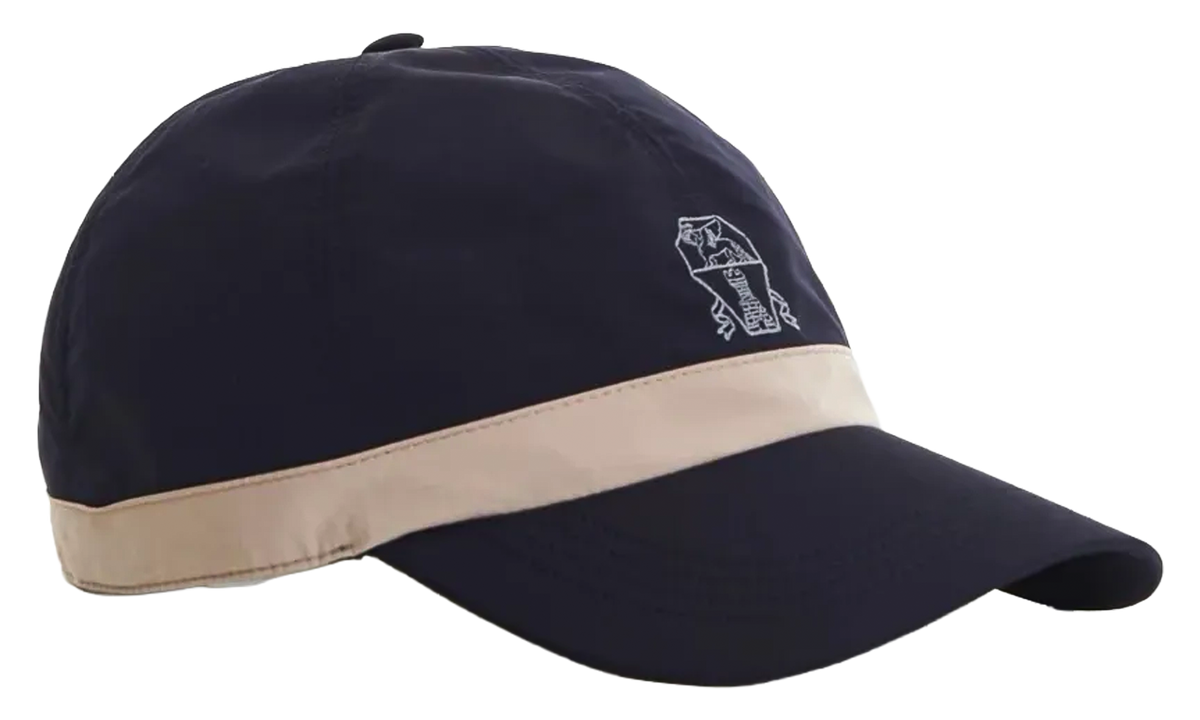 Brunello Cucinelli Microfiber Embroidered Crest Logo Baseball Cap "Navy and Beige" BRUN1146