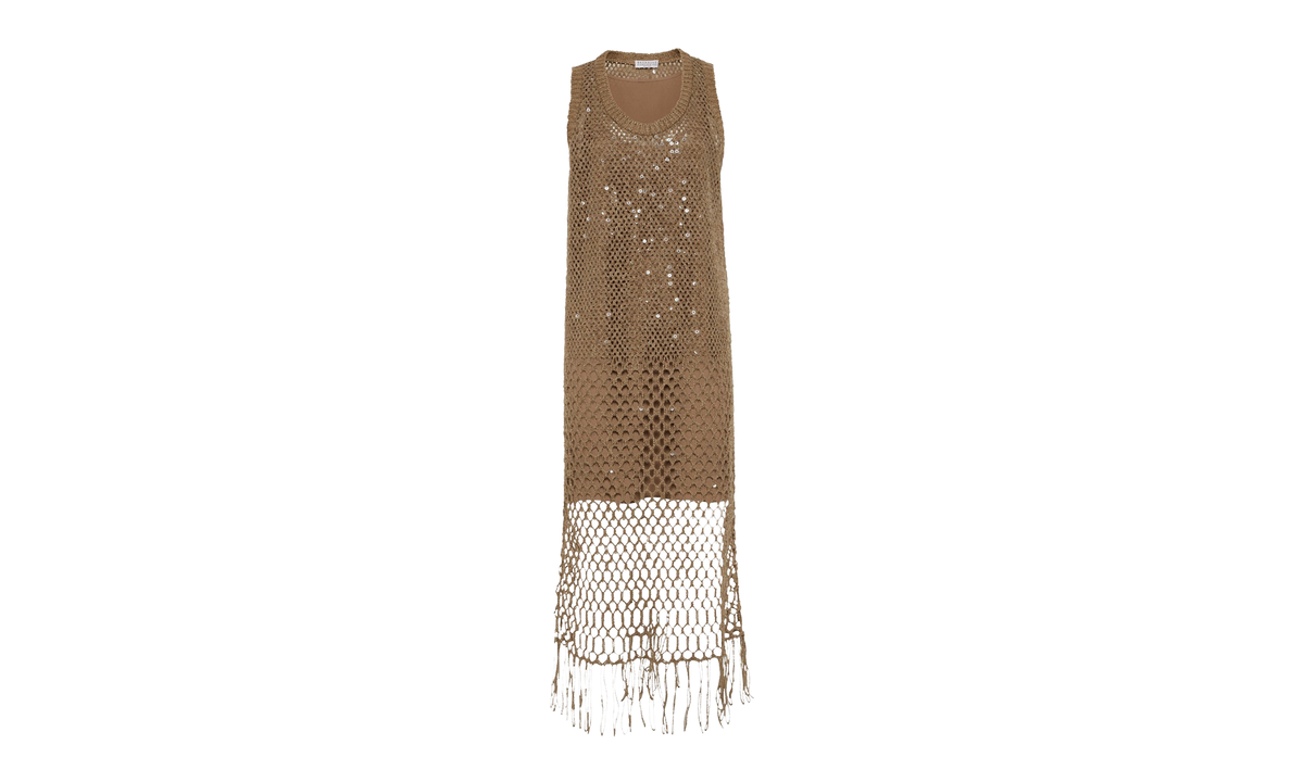 Brunello Cucinelli Silk Linen Crochet Dress With Fringe WMNS "Fango" BRUN1549