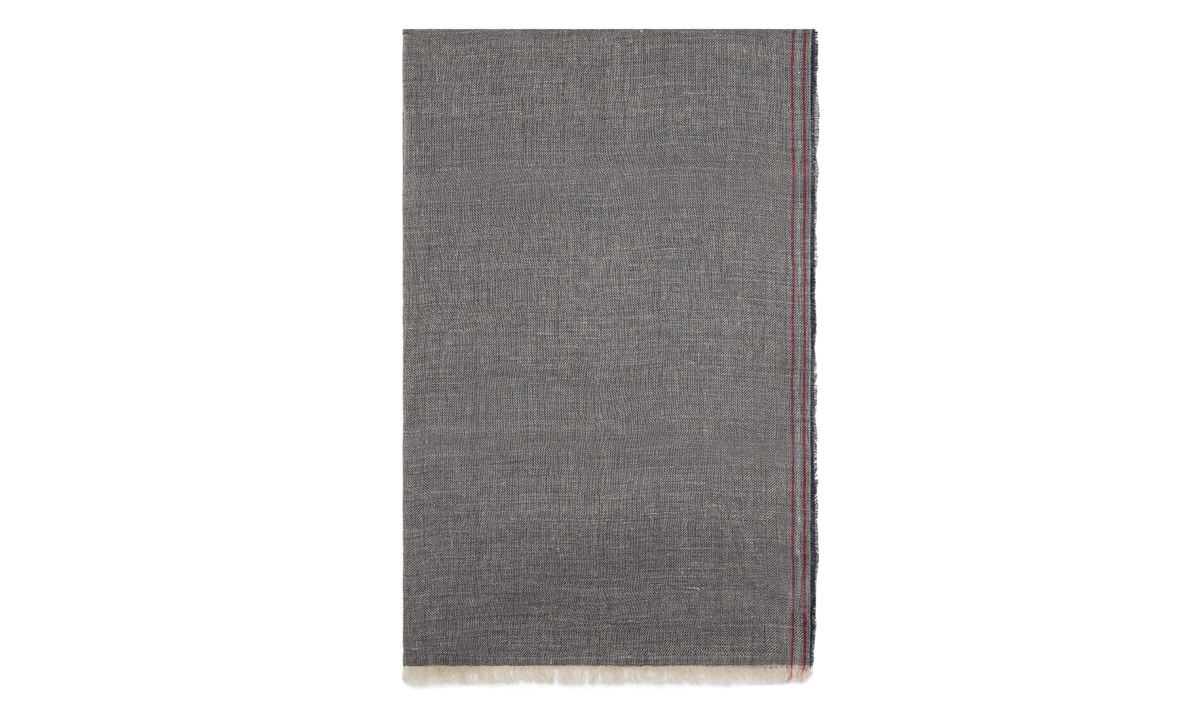 Brunello Cucinelli Textured Herringbone Pattern With Striped Edging Linen-Silk Scarf "Medium Grey" BRUN1153