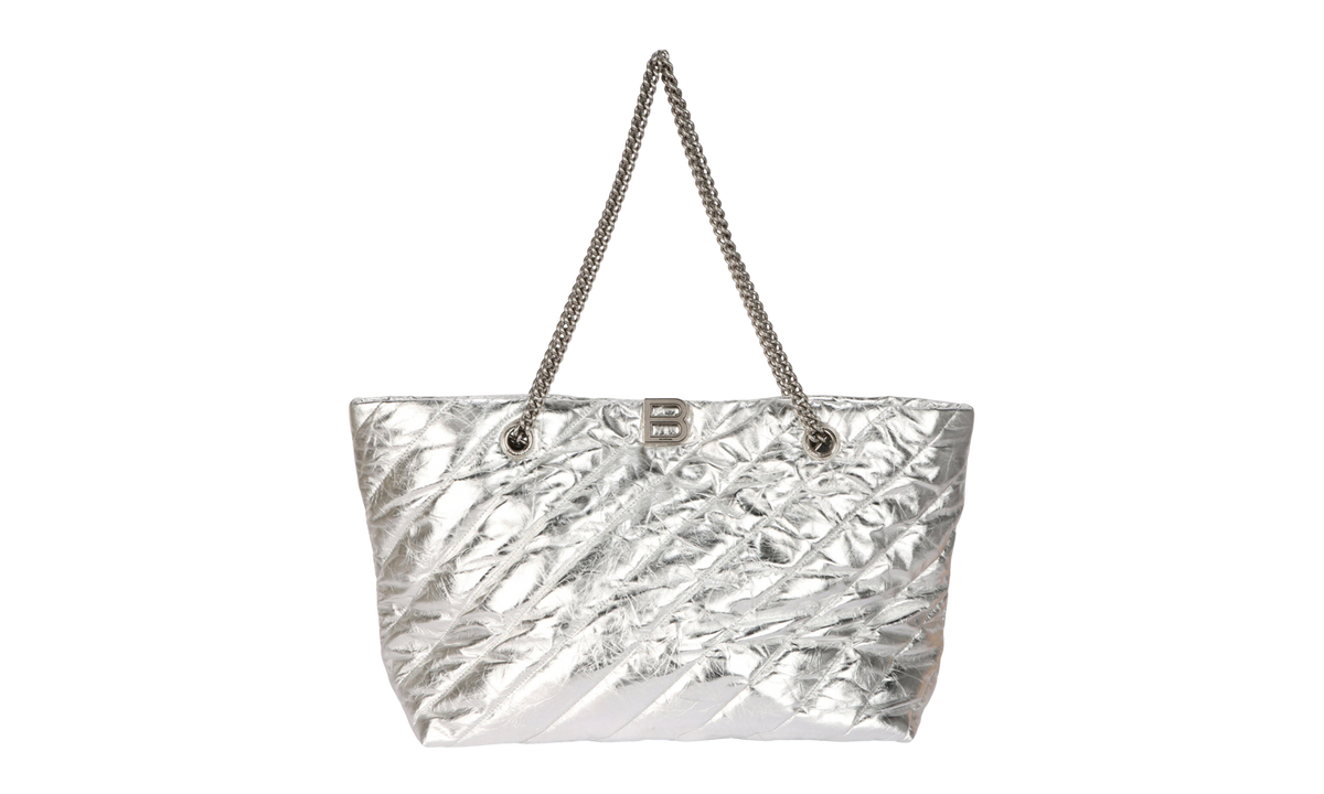 Balenciaga Medium Metallized Quilted Crush Carry All Tote Bag "Silver" 777856 2AAWU 8110